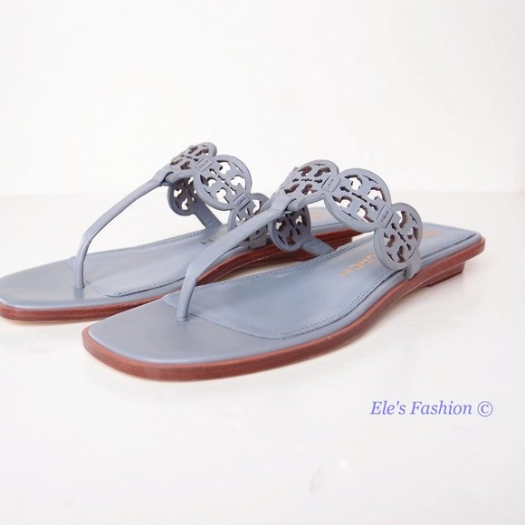 NIB Tory Burch Tiny Miller Logo Leather Thong Sandal Cloud Blue US 8.5 AUTHENTIC - Picture 7 of 16
